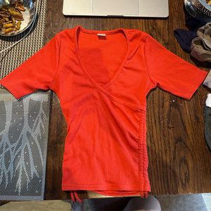 Red Ribbed Wrap Top