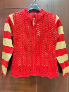 Red &amp; Beige Knitted Cardigan Set