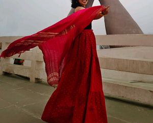 Dark Red Traditional Skirt, Small Golden Motifs❤️