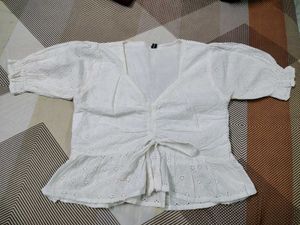 White Eyelet Puff Sleeve Top Chikankari