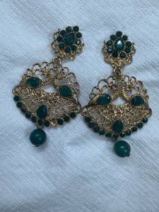 Green &amp; Gold Peacock Dangle Earrings