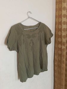 Olive Green Top With Embroidery M Size