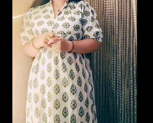 aline white dress blue ethnic pattern