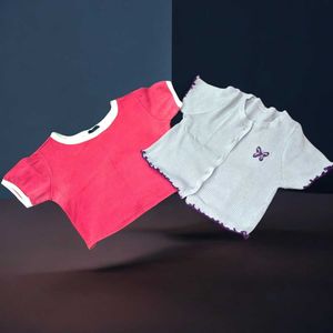 Cute Girls' Crop Top Combo:Pink Ringer & Butterfly