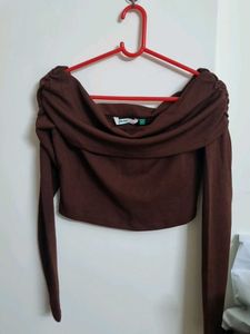 Brown Off-Shoulder Long Sleeve Top