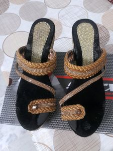 Black And Golden Wedges With Heels