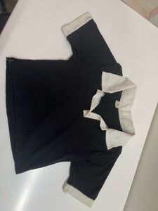 Classic Black Ribbed Polo Top with Contrast Collar