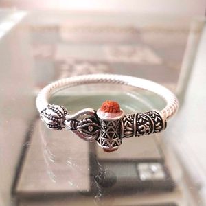 Pure Silver Oxidised Trishul Rudraksha Open Kada