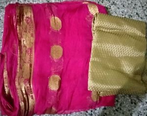Pink & Gold Sari with Golden Blouse Piece