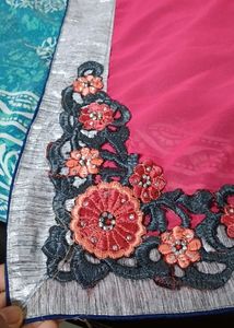 Pink And Grey Embroidered Saree(  Without Blouse P