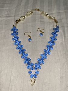 Blue Crystal &amp; Pearl Necklace Earrings Set