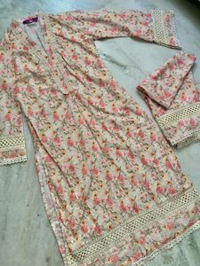 Libas Beige Floral Lace Details Kurta With Palazzo