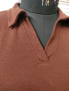 Stylish Brown Short Sleeve Collar Rib Slim Fit Top