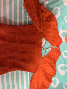 Orange Smocked Puff Sleeve Top