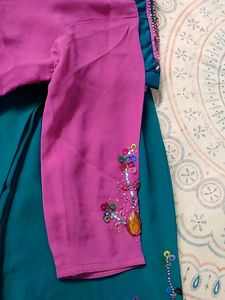 Pink And Rama Green Self Embroidered Kurta Set.