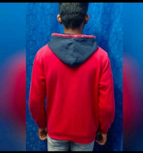 Red Colour Block Zipper Hoodie For Men Winter Wear