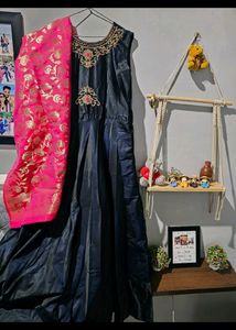 Long Gown Dress With Banarasi Dupatta