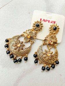 Gold Plated Black Kundan Antique Earrings/Jhumka