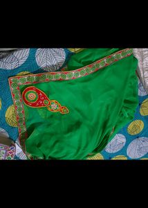 PARROT GREEN SAREE WITH EMBROIDERY BLOUSE SET