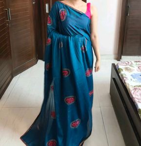 Partywear Blue Crepe Embellished Embroidered Saree