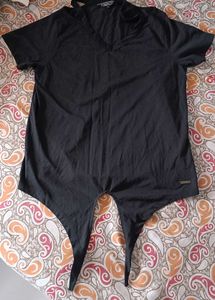 Black V-Neck Tie Detail Top