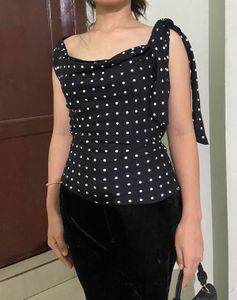 Polka Dot Tie-Shoulder Top
