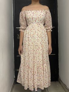 White Floral Short Sleeve Long Dress
