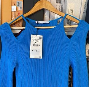 Zara Pointelle Blue Stretch Cold Shoulder Bodycon