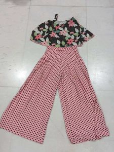 Floral One shoulder Top And Polkadot Plazopant Set
