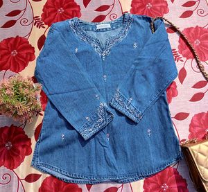 Embroidered Denim Short Kurti