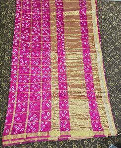 Off White Silk Lehenga With Pink Bandhani Dupatat