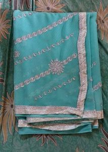 Elegant cyan Saree with Silver Work
