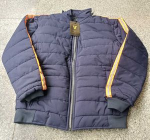 Navy Puffer Jacket with Reflective Stripes, Size L