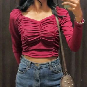 Full Sleeves Maroon Ruched Crop Top