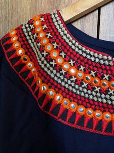 Embroidered Cuff Navy Blouse