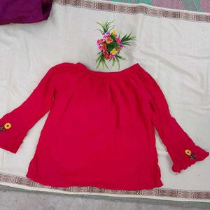 Pink Embroidered Bell Sleeve Top