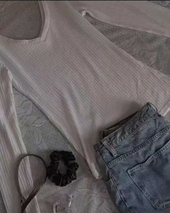 Deep Neck White Long Sleeves Side Cut Top