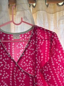 Pink &amp; White Bandhani Kurta