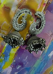 Silver Peacock Jhumka Earrings