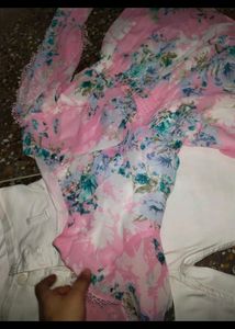 Combo Of Pink Top And White Denim Jeans
