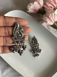 Silver Replica Peacock With Ghungoor Earring