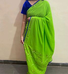 GREEN SAREE WITH BLUE BLOUSE