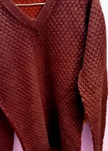 Brown V Neck Full Sleeve Sweater For Women