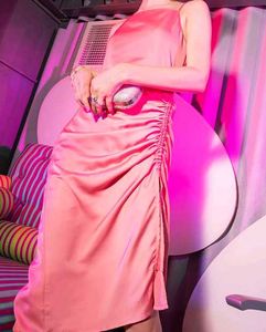 Pink Solid Strappy Midi Dress