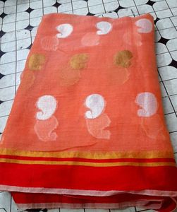 Elegant Peach & Red Saree with Gold Border