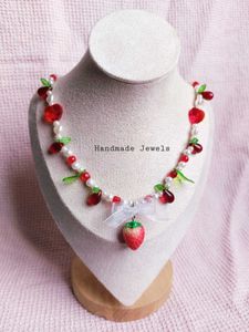 Custom Strawberry Charm Bow Beaded Necklace