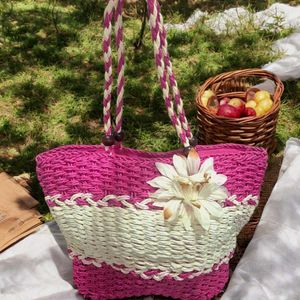 Handmade Pink & White Straw Tote Bag for Women