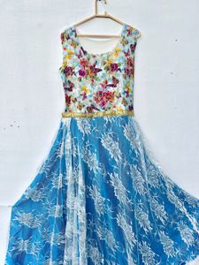 Butterfly Printed Blue Party Gown