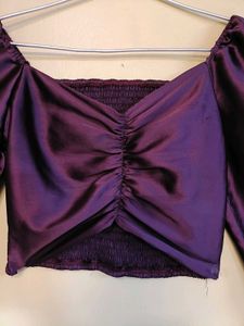 Purple Satin Ruched Crop Top