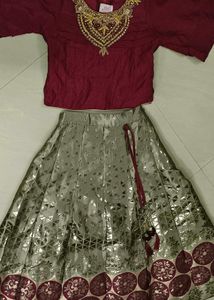 Girls Festive Maroon & Gold Lehenga Set